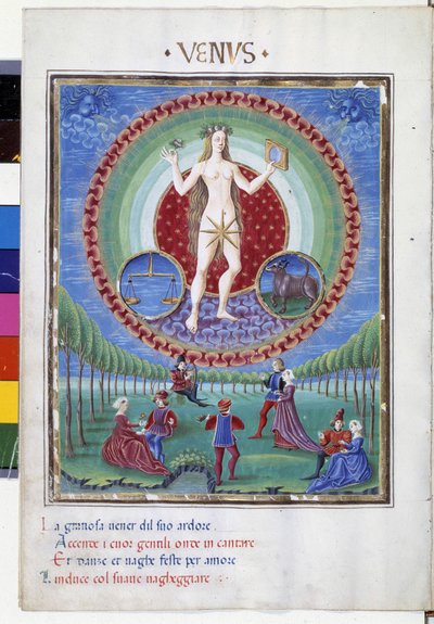 Kom med stjernetegnene balanse og okse. I underetasjen, de galante scenene. Miniatyr laget av Cristoforo de Predis (v. 1440-v. 1486) - i “” De Sphaera””” d'Este. Rundt 1470. Biblioteca Estense, Modene. av Cristoforo De Predis