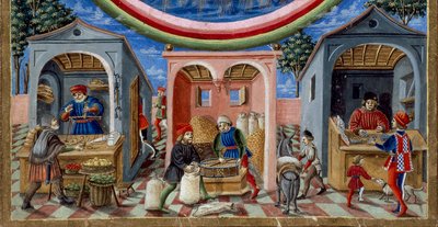 Detalj av kjøpmenn som selger forskjellige gjenstander: til venstre, en kjøpmann av frukt og grønnsaker, i midten en mølle som støper korn (miniatyr, ca. 1470) av Cristoforo De Predis
