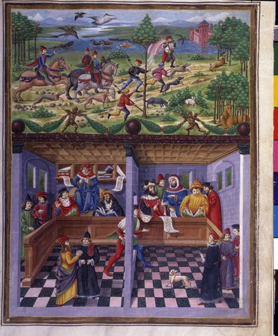 Mars innflytelse: jakt og hoff. Miniatyr laget av Cristoforo de Predis (v. 1440-v. 1486) - i “” De Sphaera””” d'Este. Rundt 1470. Biblioteca Estense, Modene. av Cristoforo De Predis