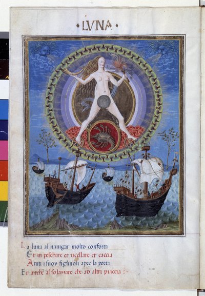 Månen med stjernetegnet på kreft. I underetasjen, båter under den stigende mareen. Miniatyr laget av Cristoforo de Predis (v. 1440-v. 1486) - i “” De Sphaera””” d