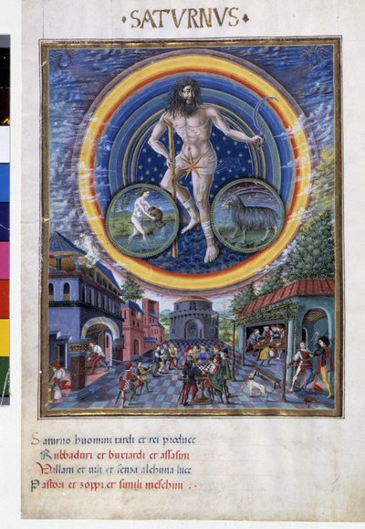 Saturn med stjernetegn på vannmannen og steinbukken. I underetasjen, spillscenene og dens innflytelse på menn. Miniatyr laget av Cristoforo de Predis (v. 1440-v. 1486) - i “” De Sphaera””” d'Este. Omkring 1470. Biblioteca Estense, Modene. av Cristoforo De Predis