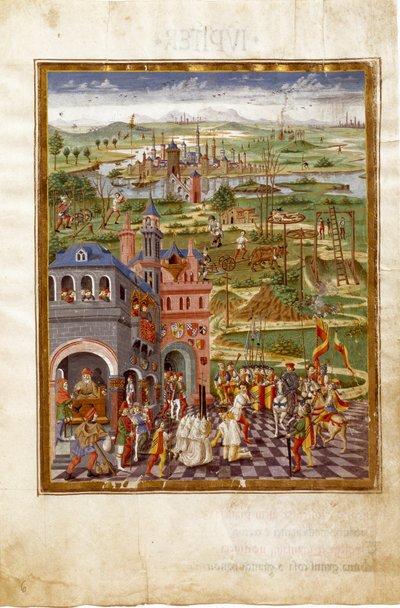 Scene med tortur og overbevisning i en middelalderby. Påvirkninger av Saturn (miniatyr, ca. 1470) av Cristoforo De Predis
