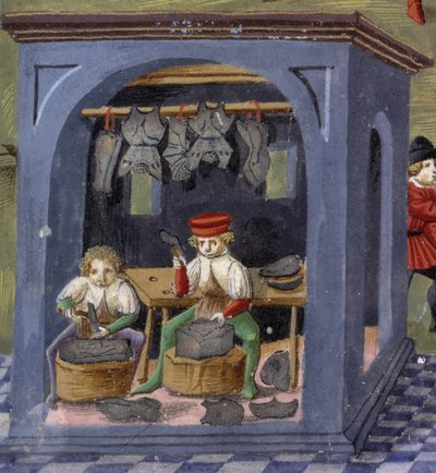 en børsemaker i "" Månens innflytelse "": håndverkerne. Miniatyr laget av Cristoforo de Predis (v. 1440-v. 1486) - i “” De Sphaera””” d'Este. Rundt 1470. Biblioteca Estense, Modene. av Cristoforo De Predis