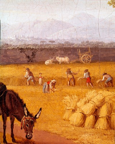 Harvest near Caserte Detail. Painting by Cristoforo Kneip (18th century) friend of Goethe. 18th century Naples Museo Nazionale di San Martino   1399806   no       norwegian Successfully Translated  Original: Gebroeders de Witt zittend op een bed in de geva av Cristoforo Kneip