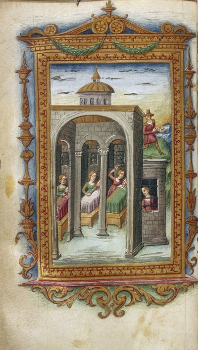 Døtre av Danaus myrder ektemennene sine. Hypermnestra i fengsel Illustrasjon for The Heroides av Ovid, 1485-1499 av Cristoforo Majorana