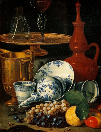 Stilleben med retter og frukt (olje på lerret av Cristoforo Munari