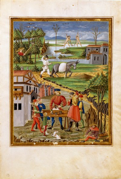 Månens innflytelse: scene for fiske, jakt og jordbruk (miniatyr, ca. 1470) av Cristoforo De Predis
