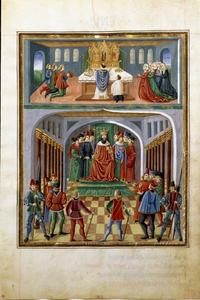 Solens innflytelse: timelige krefter (konge før hans hoffmenn) og åndelige krefter (prest som tjener i en kirke). (miniatyr, ca. 1470) av Cristoforo De Predis