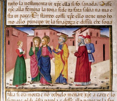 Jesus henvender seg til kvinnen som er skyldig i utroskap Miniatyr av Cristoforo De Predis (1440-1486) etter historien til Det nye testamente (fol. 61) av Cristoforo De Predis