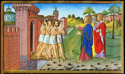 Jesus og de spedalske. Miniatyr av Cristoforo av Predis - i Historia of the new testament av Cristoforo De Predis