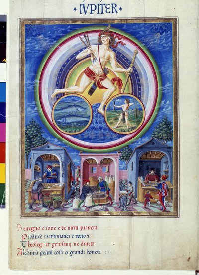 Jupiter med stjernetegn på fisk og Skytten. I underetasjen, selgere som selger forskjellige gjenstander. Miniatyr laget av Cristoforo de Predis (v. 1440-v. 1486) - i “” De Sphaera””” d