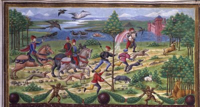 Jaktdetalj i "" Innflytelse av mars "": jakt og bane. Miniatyr laget av Cristoforo de Predis (ca. 1440-c. 1486) - i “” De Sphaera ”” ”d
