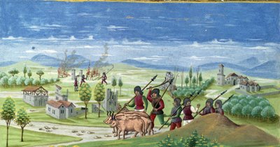 Plyndring under krigen. detalj av "" Sun Influence "": The War. Miniatyr laget av Cristoforo de Predis (v. 1440-v. 1486) - i “” De Sphaera””” d