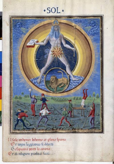 Sol med stjernetegnet til løven. Nede er scener med menns fysiske øvelser. Miniatyr laget av Cristoforo de Predis (v. 1440-v. 1486) - i “” De Sphaera””” d