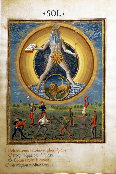 Sol med stjernetegnet til løven. Scener av menns fysiske øvelser. (miniatyr, ca. 1470) av Cristoforo De Predis