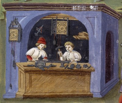 en urmaker i "" Influence of the moon "": håndverkere. Miniatyr laget av Cristoforo de Predis (v. 1440-v. 1486) - i “” De Sphaera””” d
