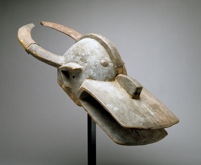 Hjelmmaske for en buskku (Vara Society), Vest-Sudan, Afrika sør for Sahara, sent på 1800-tallet (tre, offermateriale, metall, spiker og dyreskinn) av Culture Chamba