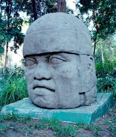 Før colombiansk sivilisasjon: kolossalt Olmec-hode. 10.-7. århundre f.Kr. Mexico. Park Musee de La Vente av Culture Olmec