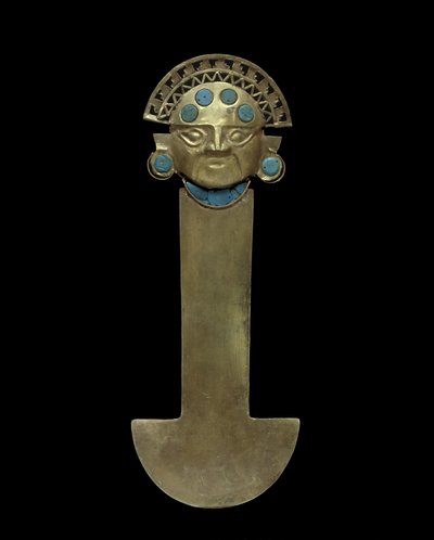 Tumi Knife, 800-1375 AD (hamret, jaget og filigrert gull med turkis innlegg) av Culture Sicán