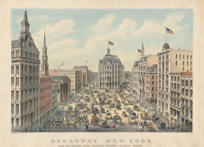 Broadway, New York: Fra Western Union Telegraph Building Looking North av Currier and Ives