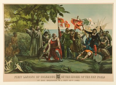 Første landing av Columbus på bredden av den nye verden av Currier and Ives