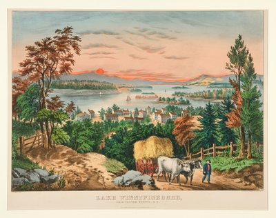 Lake Winnipiseogee, fra Center Harbor, NH av Currier and Ives