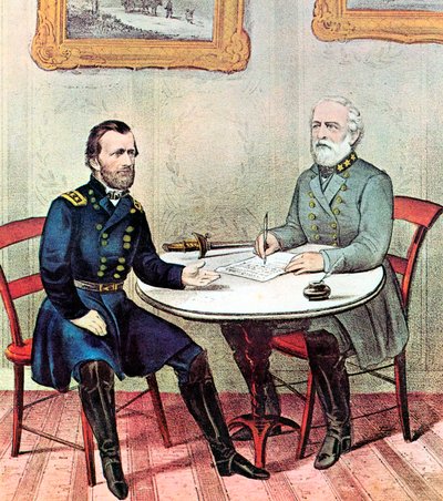 Møte med generalene Grant venstre og Lee, amerikansk borgerkrig, 1865 av Currier and Ives