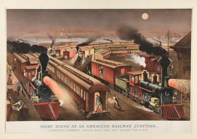 Nattscene ved et amerikansk jernbanekryss av Currier and Ives