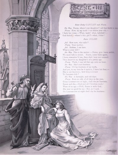 Et rom i Capulets hus, illustrasjon fra Romeo og Julie, av Curtazzo Curtazzo
