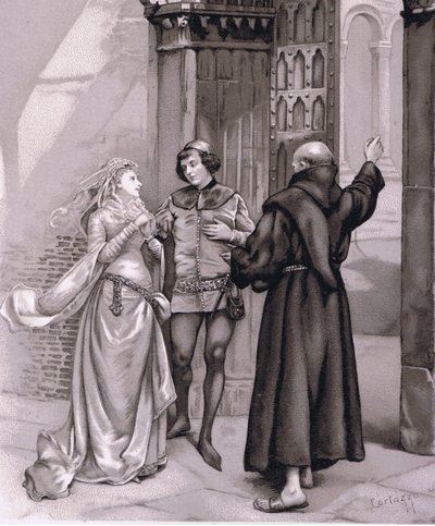 Gå inn Friar Laurence og Romeo, illustrasjon fra Romeo og Julie, av Curtazzo Curtazzo
