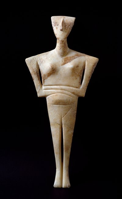 Art of Cyclades: "" kvinnelig figur""" marmoridol fra Syros. 3000 f.Kr. Kykladisk sivilisasjon (-3200 til -2000) søn. 46 cm Athen, Nasjonalt arkeologisk museum - Kvinnelig idol, fra Syros - Marmorskulptur (H.46 cm), kykladisk kuvil av Cycladic