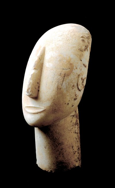 Kykladenes kunst: "" stort hode""" Marmorskulptur. 3000 f.Kr. Kykladisk sivilisasjon (-3200 til -2000) Athen, Nasjonalt arkeologisk museum av Cycladic
