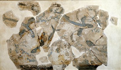 Kykladisk kunst: fragment av freskomaleri som viser flygende fisk (havssvaler). fra stedet for Phylakopi (øya Melos) 2500 f.Kr. Dim. 23 cm Athen, nasjonalt arkeologisk museum - kykladisk kunst: fragmenter av en freske som viser flygende fisk (terner), fra  av Cycladic
