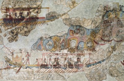 Flåte av skip, freskomaleri fra Thera, de sørlige Kykladene, Hellas kykladisk sivilisasjon, 3.-2. årtusen f.Kr. av Cycladic Cycladic