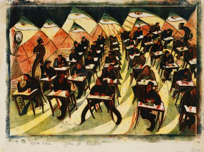 Eksamensrommet, ca. 1934 (linosnitt trykt i farger på tynt Japan) av Cyril Edward Power