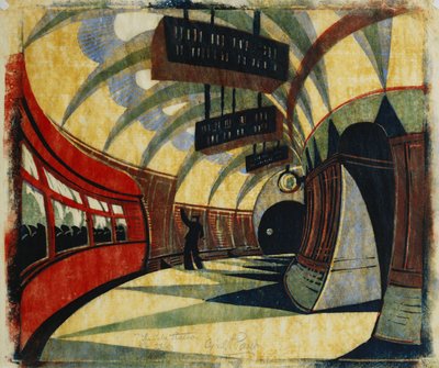T-banestasjonen, ca. 1932 (linosnitt trykt i farger på vev Japan) av Cyril Edward Power