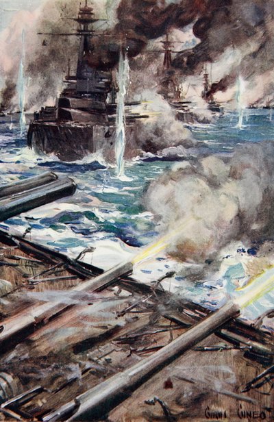 'En flåte av slagskip som skyter bredside', illustrasjon fra 'Told in the Huts: The YMCA Gift Book', utgitt 1916 av Cyrus Cuneo