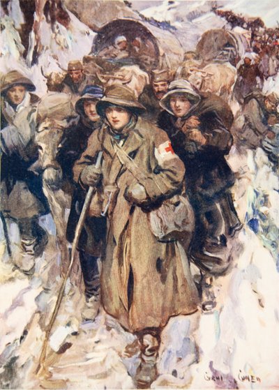 Modige sykepleiere på tilbaketrekningen av den serbiske hæren (farge litho) av Cyrus Cuneo