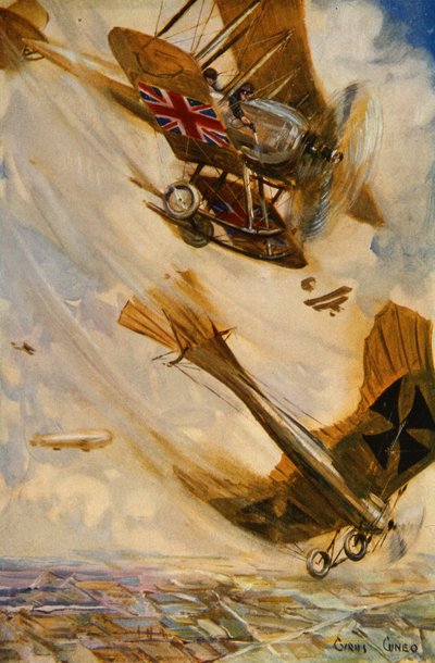 Britisk biplan tar ned et tysk Taube-monoplan med pistolild, tidlig i krigen (farge litho) av Cyrus Cuneo