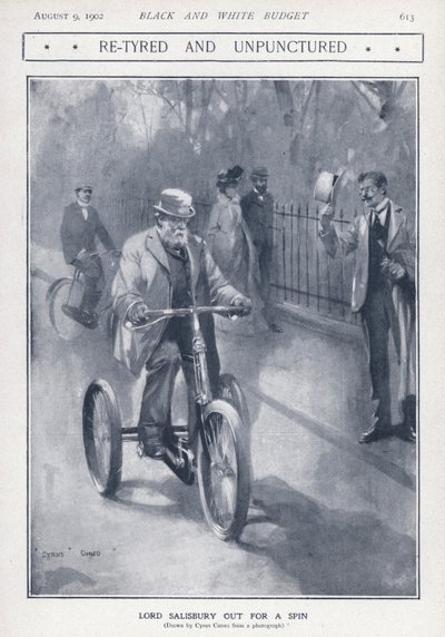 Engelsk konservativ politiker og statsminister Lord Salisbury som sykler på en trehjulssykkel (litho) av Cyrus Cuneo