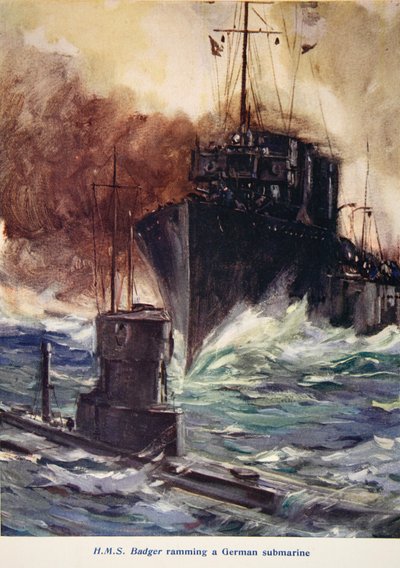 'HMS Badger ramler en tysk ubåt', illustrasjon fra 'Told in the Huts: The YMCA Gift Book', utgitt 1916 av Cyrus Cuneo