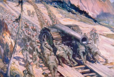 Italienere som drar artilleri opp et fjell (farge litho) av Cyrus Cuneo