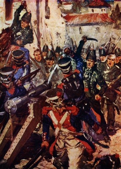 Rifle Brigade rydder en landsby (farge litho) av Cyrus Cuneo