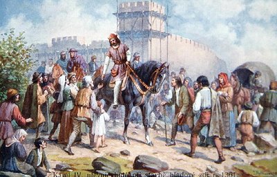 Charles IV hilser vanlige mennesker under sin utvidelse av festningsverkene til Praha i 1361, postkort fra begynnelsen av det tjuende århundre (litho-farge) av Czech School
