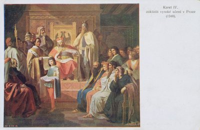 Stiftelsen av det tyske universitetet i Praha av Charles IV i 1348, postkort fra begynnelsen av det tjuende århundre av Czech School