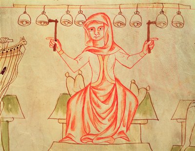 Mx XXIII C.124 Musiker som spiller bjeller, fra Velislav-bibelen, ca. 1340 av Czech School
