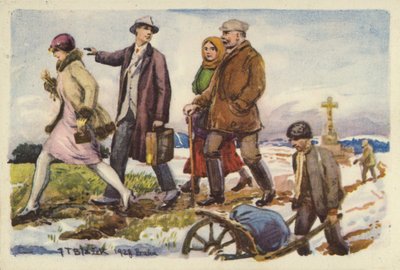 Folk som går i et snølandskap av Czech School