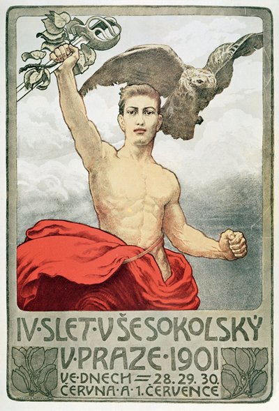 Plakat som reklamerer for den fjerde forsamlingen i Sokols i Praha i 1901 av Czech School