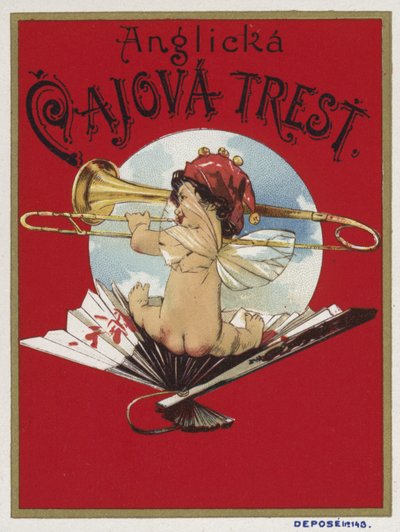Produktetikett som viser en kjerub som spiller en trombone av Czech School