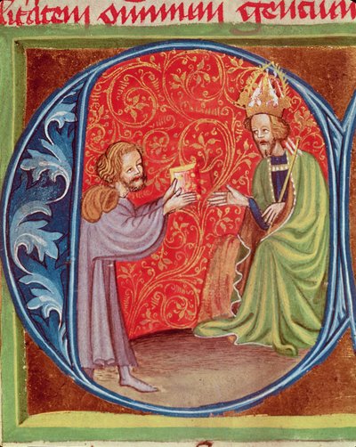 Forfatteren tilbyr sin bok til Charles IV (1316-78) av Böhmen, fra Opus Ruralium Commodorum av Pietro de Crescenzi (1230-1321) av Czech School
